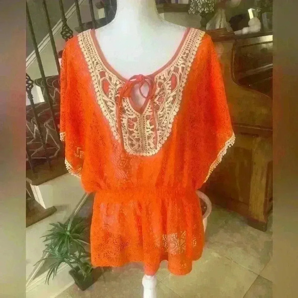 Lola B orange and cream swimsuit cover up. Silver studded in front. NWOT. Large. - Picture 9 of 13